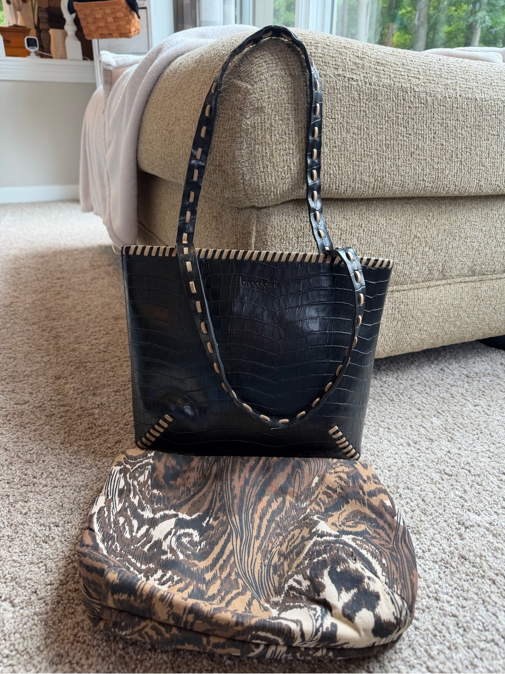 Braccialini Firenze Black Croc Embossed Leather Tiger Tote + Cosmetic Bag